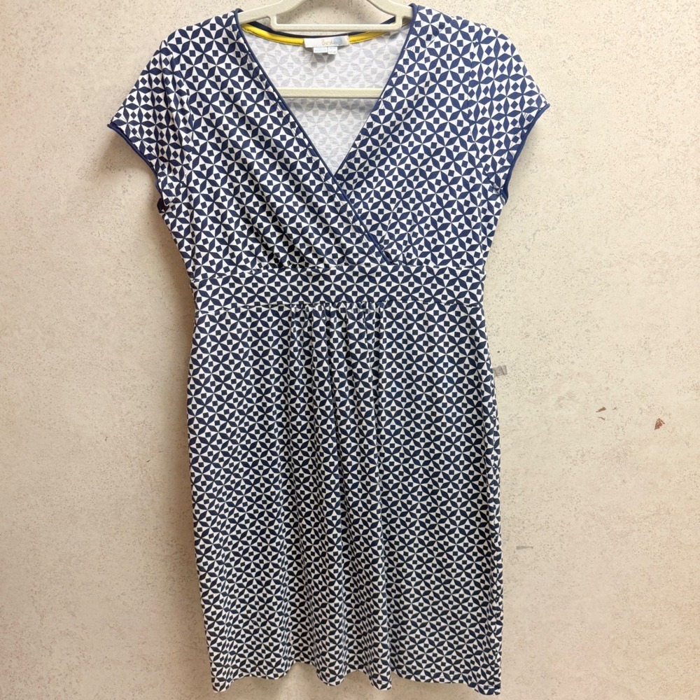 Boden 8P Women Dark Navy Blue White Geometric Preppy Soft Jersey Nautical Dress